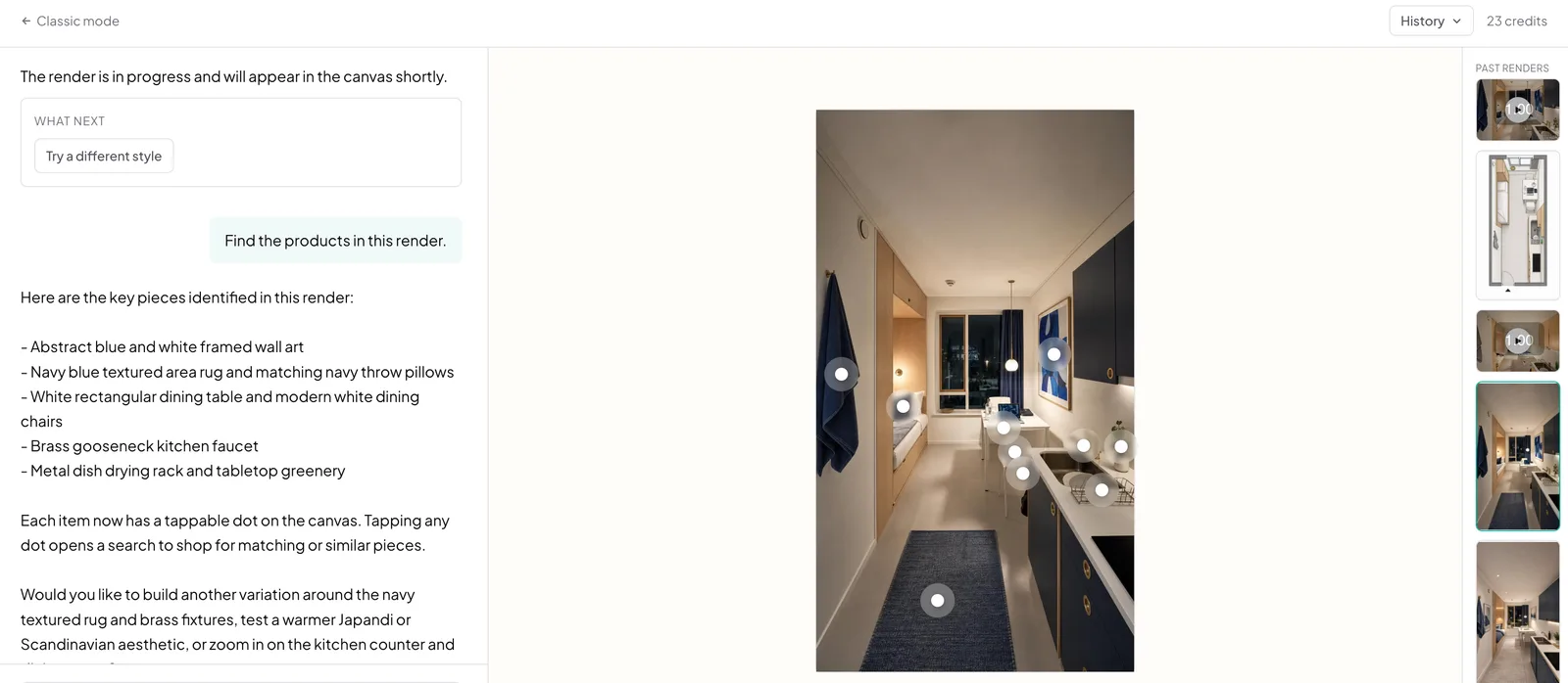 The AI design chat listing the furniture it found in a studio render