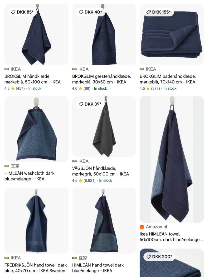 Google Lens shopping results showing navy towels from IKEA with prices