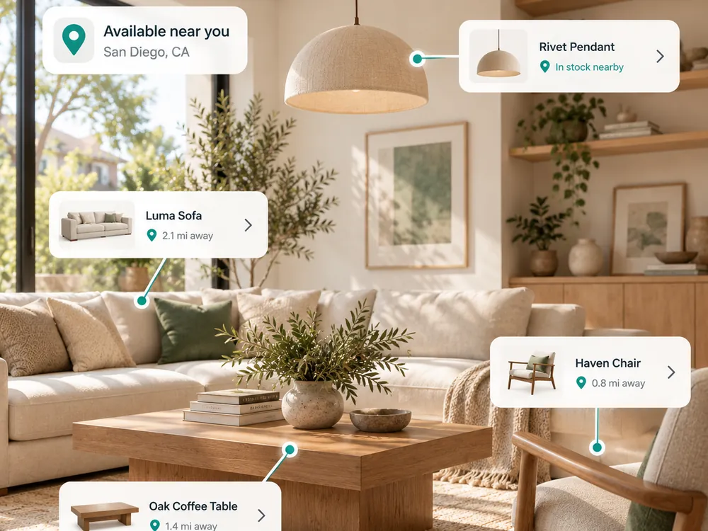 An AI render of a living room with its sofa, chair, coffee table and pendant each marked by a dot, one opened into a card showing where that piece is sold nearby